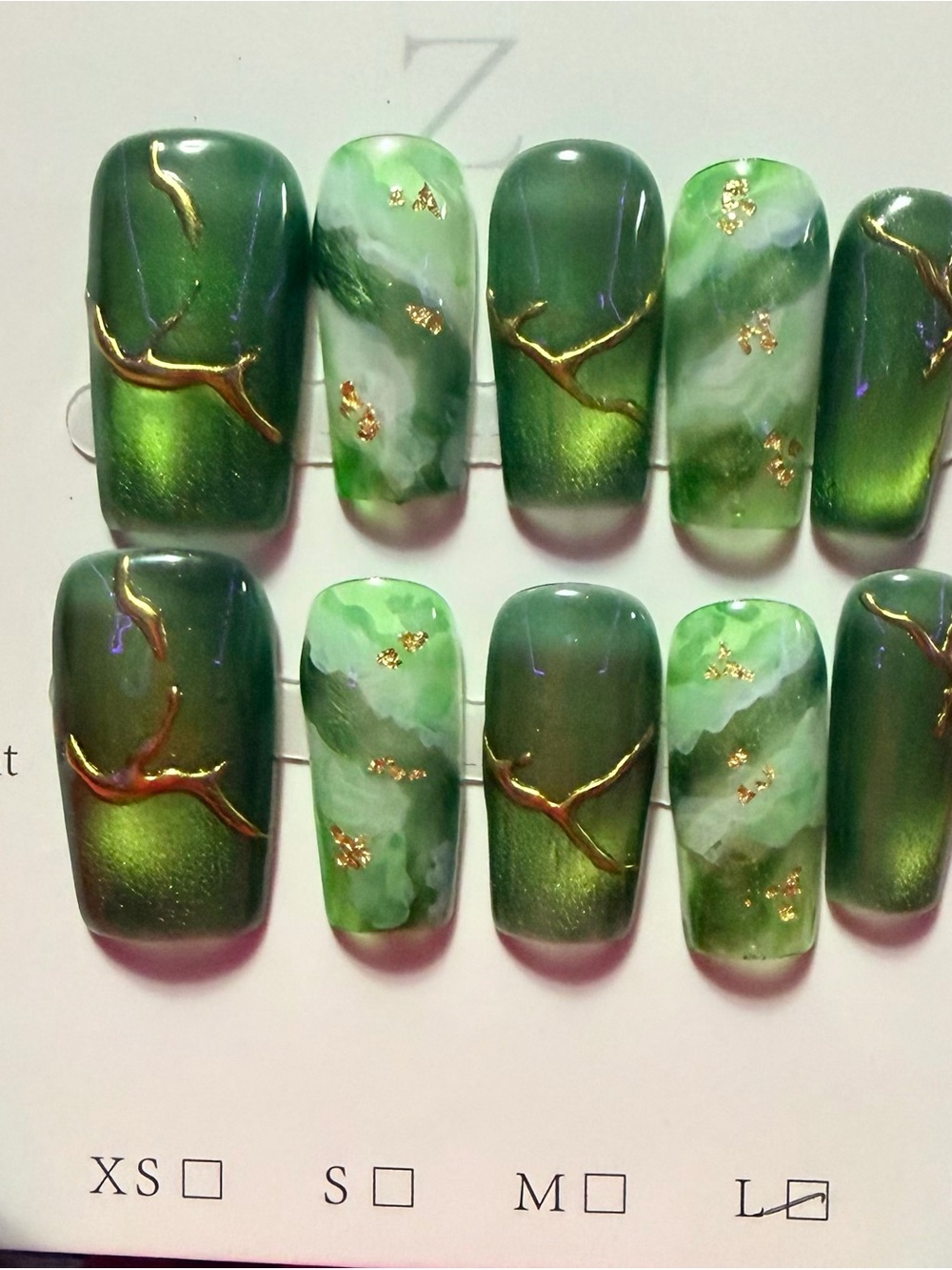 Handcrafted Green Marble & Gold Accent Press-On Nails